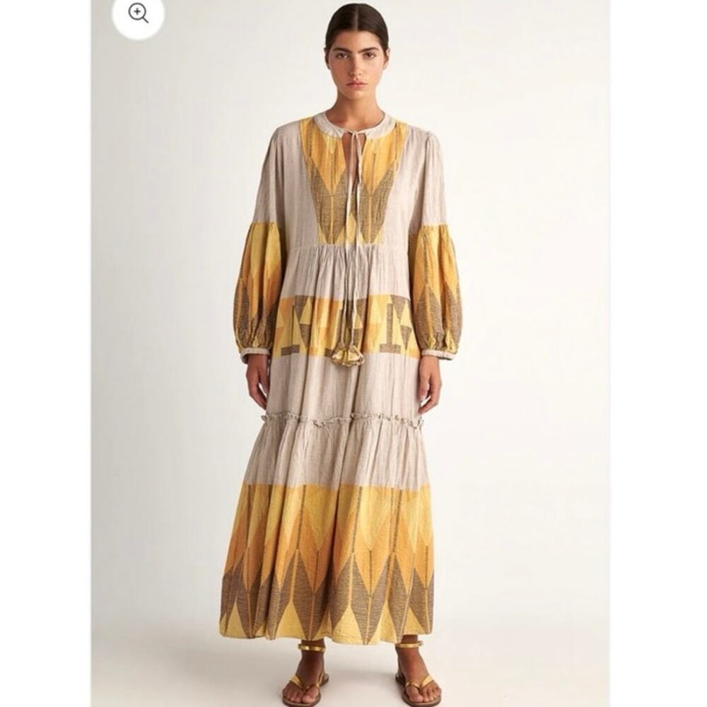 Pearl and Caviar Ithaca Cotton Maxi Boho Greece Aztec Peasant Tassel Dress S/M